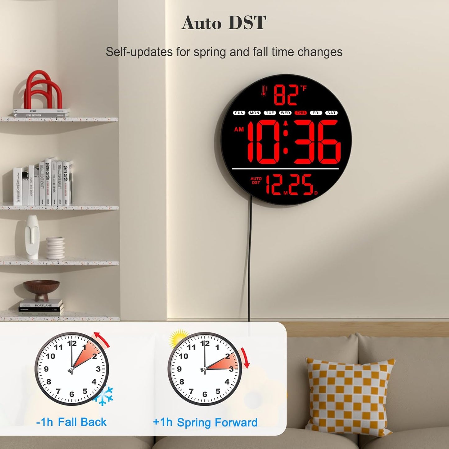 WallarGe Large Digital Wall Clock with LED Display, Electric Wall Clock with Temperature, Auto DST, Date, and Day, 5-Level Brightness for Office, Bedroom, Living Room, Classroom Décor