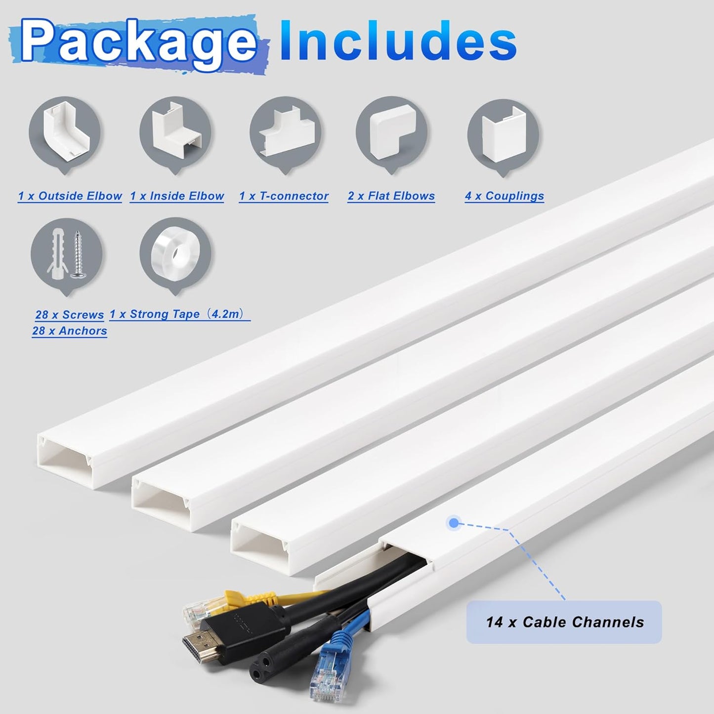 220in Wall Cord Hider Kit, LZEOY Large Capacity Wire Hider for Cords, White Cable Cover Wall Kit, Paintable Hide TV Cords for Wall Mount TV, Cable Concealer Cable Channel: 14 x L15.7in W1.18 H0.63in