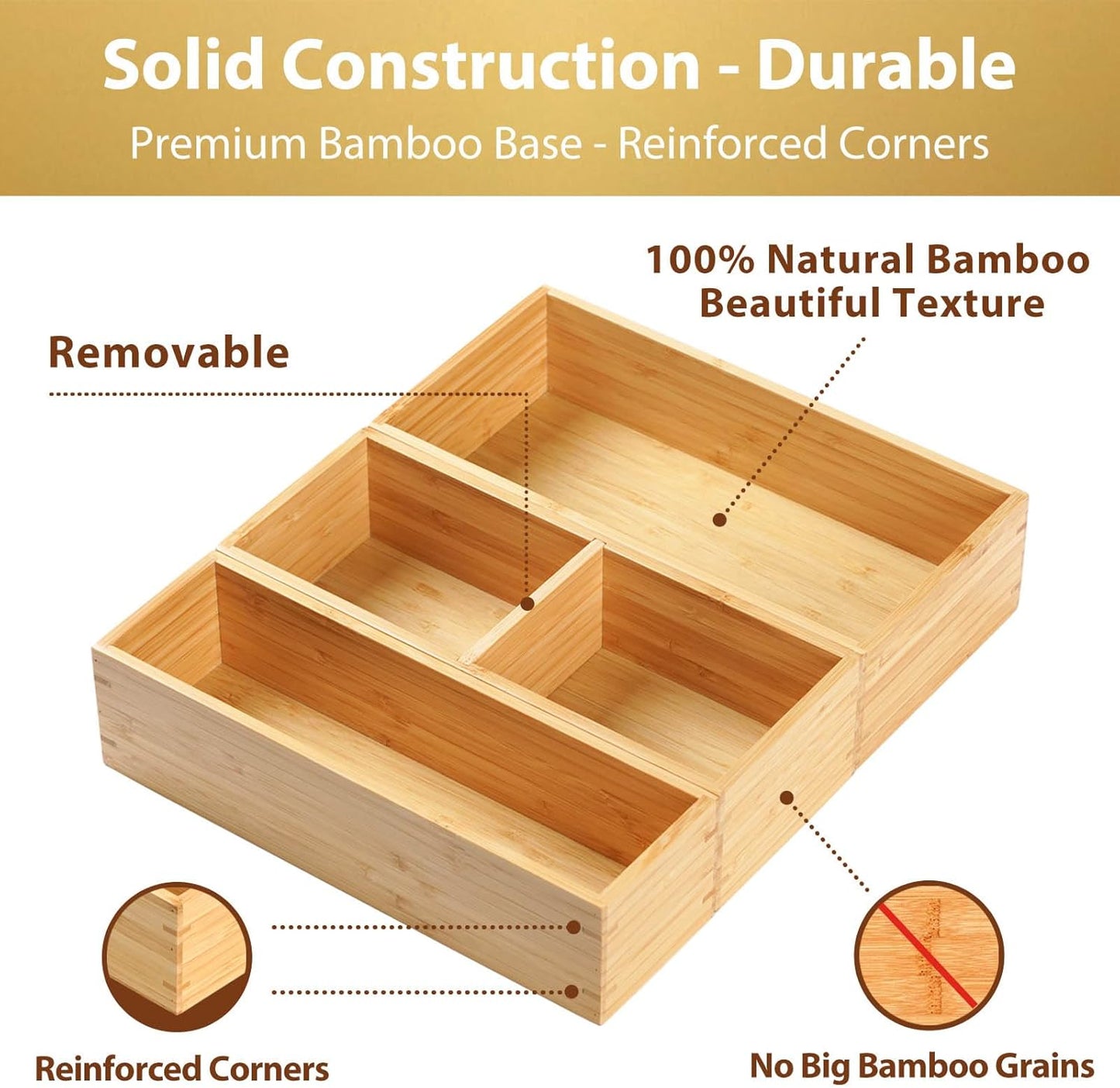 Umilife Drawer Organizer Storage Boxes, 2.5" High Bamboo Drawer Dividers, 3 Rearrangeable Bins for Kitchen, Office Desktop, Clothing, Makeup, vanity, Jewelry