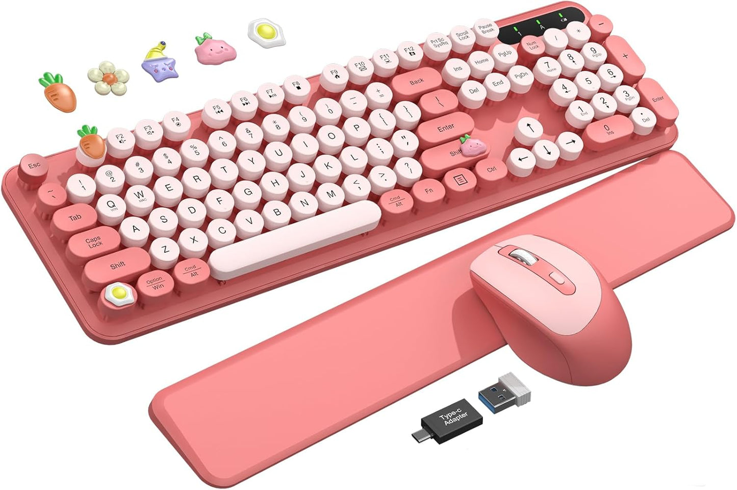 Wireless Keyboard and Mouse - Cute Round Keycaps, Detachable Wrist Rest, Full-Size Retro Typewriter Keyboard with Tilt Legs, 2.4G Wireless Combo for Women, PC, Laptop, Windows - Trueque (Blush Pink)