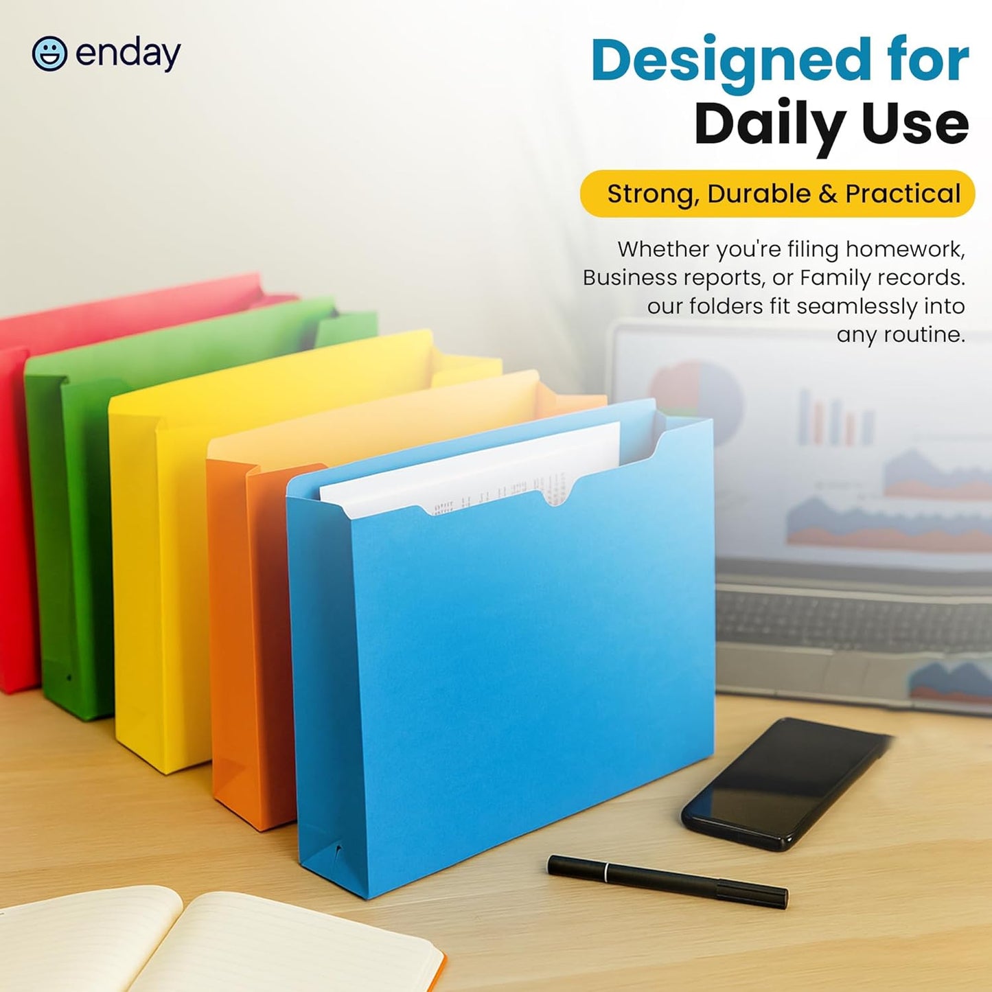Enday 2 Inch File Jackets (25 Pack)- Assorted Colors Expandable File Folders - Straight Cut Tab - Letter Size Jacket Folders for Home & Office, Pocket File Folders in Red, Yellow, Blue, Green & Orange