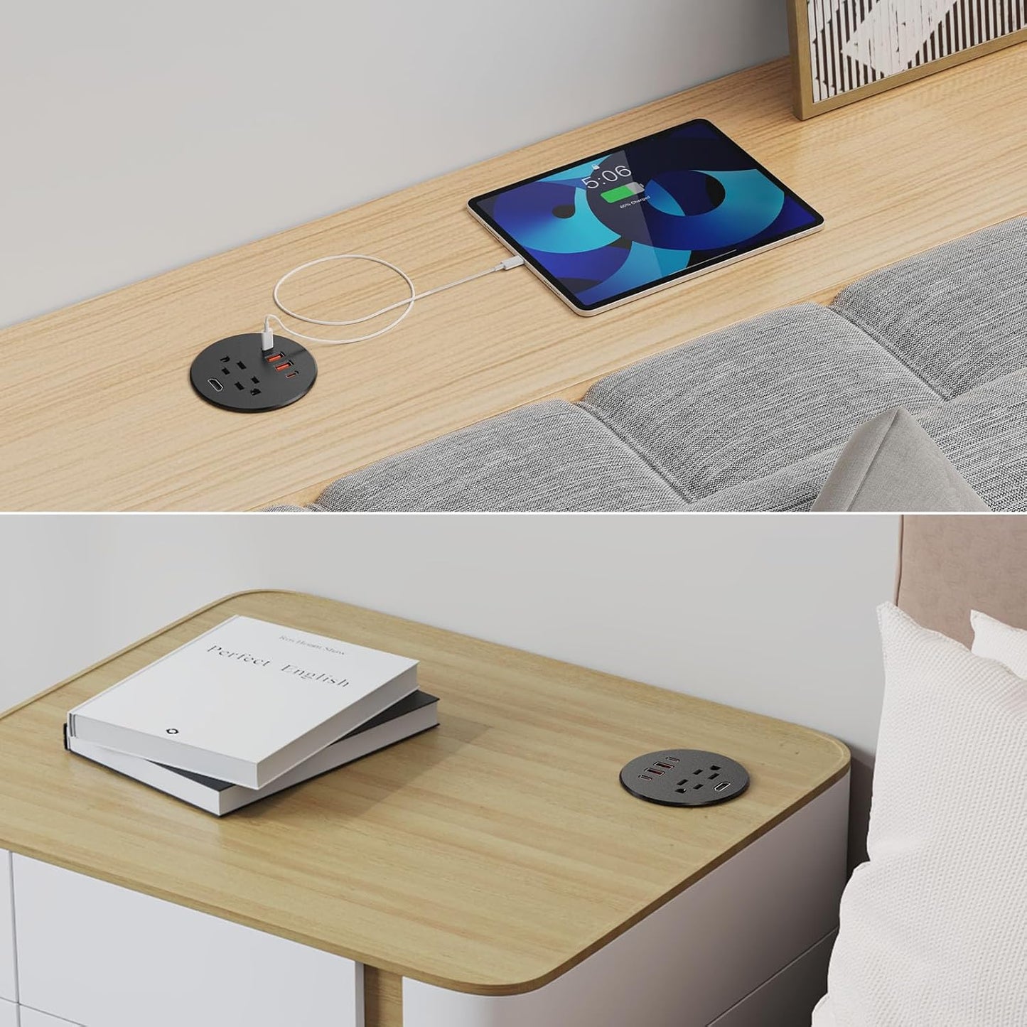 QBA Recessed Power Grommet with 35W USB C, 3-inch Flush Mount Desk Power Outlet, 2 Outlets, 4 USB Ports, 1 HDMI Port, for Furniture Cabinet Home Office, ETL Listed