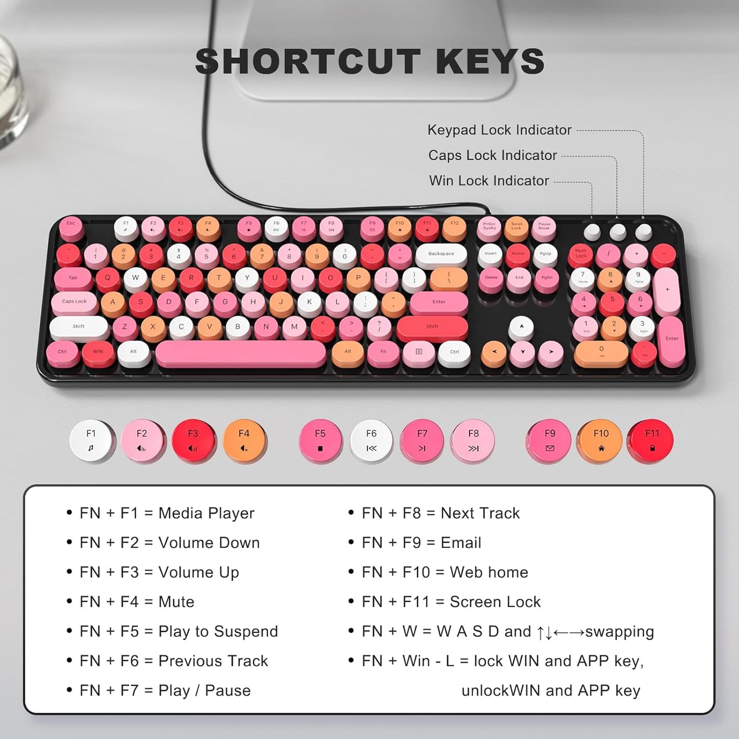 MOFII Computer Keyboards Wired, Plug Play USB Full Size Typewriter Keyboard, Cute Colorful Aesthetic Keyboard with Foldable Stands for Windows PC Laptop (Black Colorful)