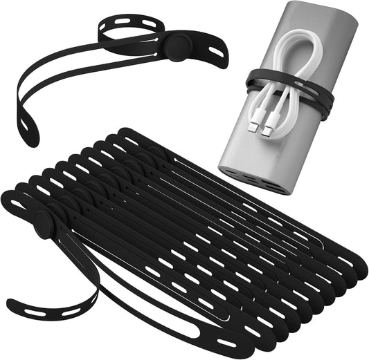 Nearockle Latest Double-Sided Silicone Cable Ties, 12Pcs Reusable Cord Organizer for Bundling Phone Charger and USB Cable, Multifunctional Organizer for Travel Home (Black)