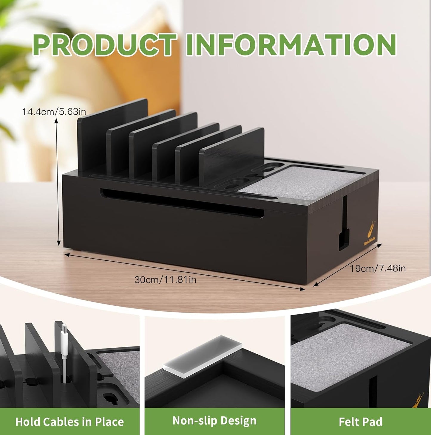 Pezin & Hulin Bamboo Charging Station, Electronic Devices Organizer for Multiple Devices Charger Such As Cell Phone, Tablet, Watch and More, Blackl, (No USB Charger and Cables