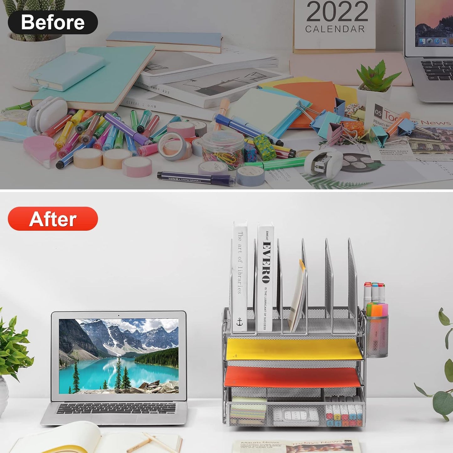 Marbrasse Desk Organizers, 4-Tier Mesh Desk File Organizer with 5 Vertical File Holders and 2 Pen Holders, Multifunction Desktop Organizer,Desk Organizers and Accessories for Home Office (Silver)