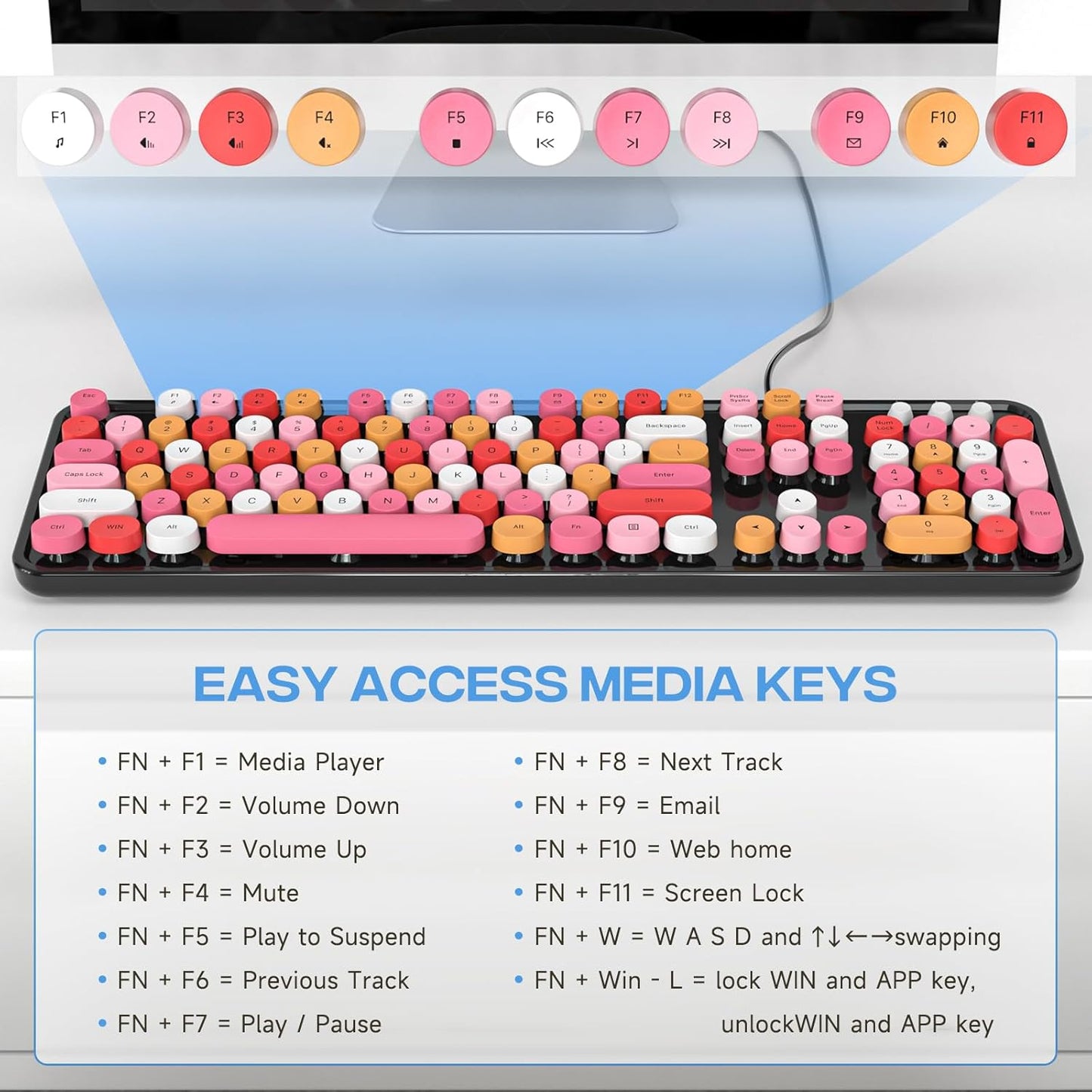 USB Wired Computer Keyboard - Retro Typewriter Keyboard - Full Size Office Keyboard with Number Pad, Caps Indicators, Foldable Stands, for PC Laptop Desktop Windows (Black Colorful)