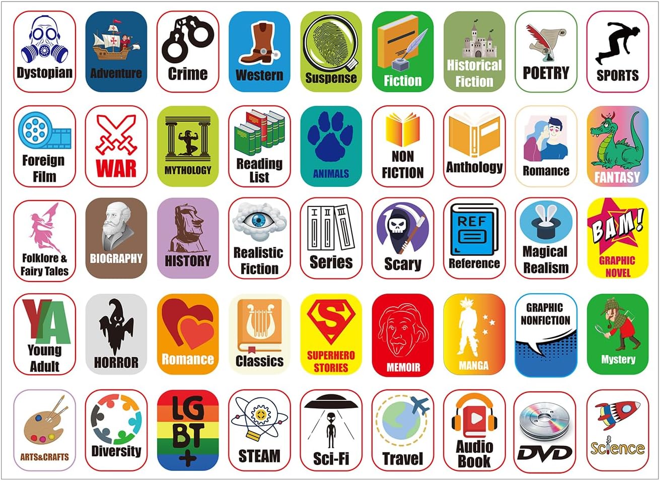 45 Genre Book Spine Labels for Library | Classroom Library Classification Stickers 450pcs