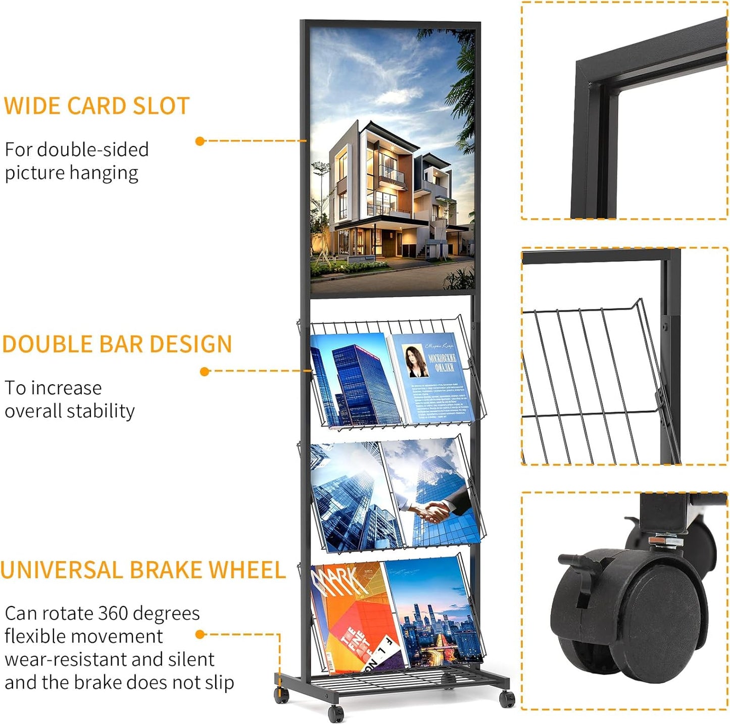 lesolar Floor-Standing Magazine Rack with Poster Board Stand 4-tier Newspaper Holder Book Display Shelf Brochure Display Stand Poster Sign Holder with Wheels Suitable for Exhibitions Store Business