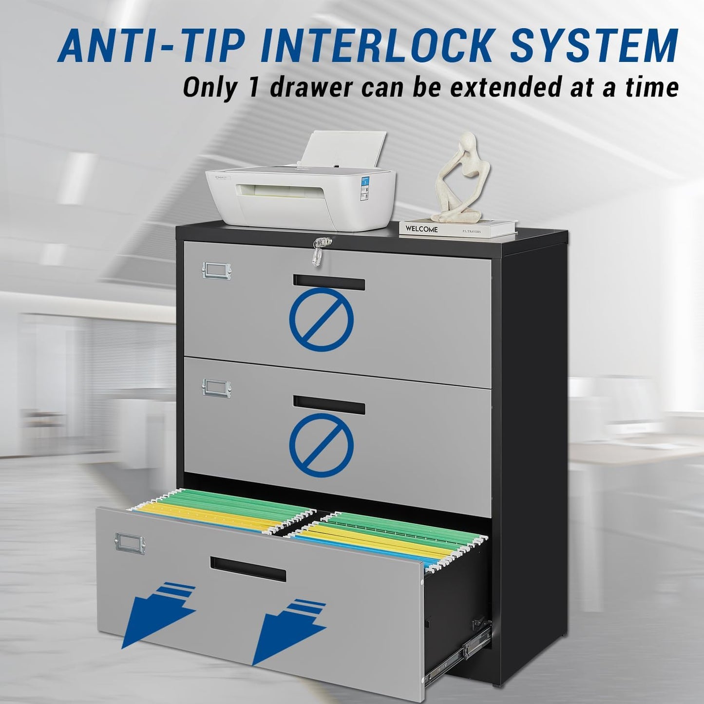 3 Drawer Lateral File Cabinet with Lock, Metal Steel Filling Cabinets for Home Office, Gray Lockable Storage Cabinet for Hanging Files Letter/Legal/F4/A4 Size-Assembly Required