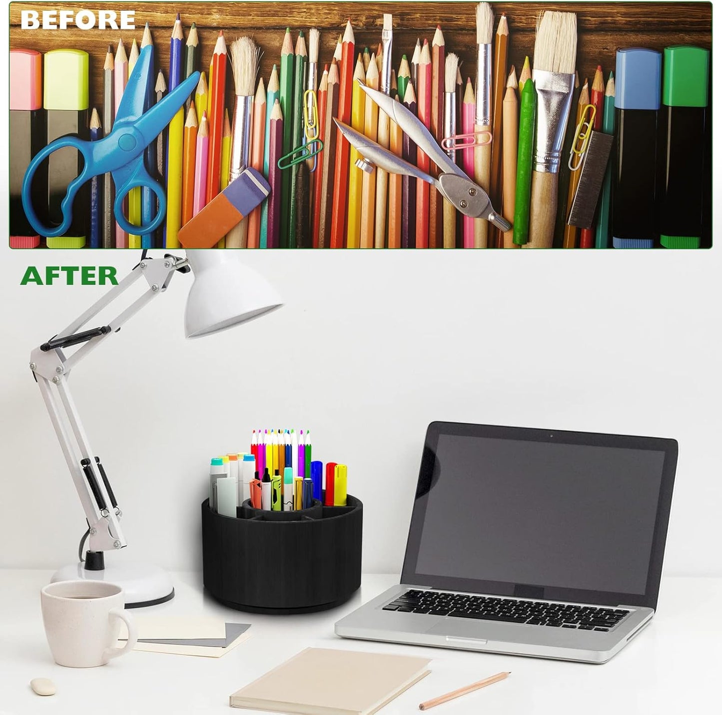 Bamboo Rotating Pencil Holder for Desk - Pen Holder Desk Organizer with 7 Compartments, Black Office Supplies Desktop Storage Caddy for Colored Pencils, Markers, Crayon, Comestics and Cutlery