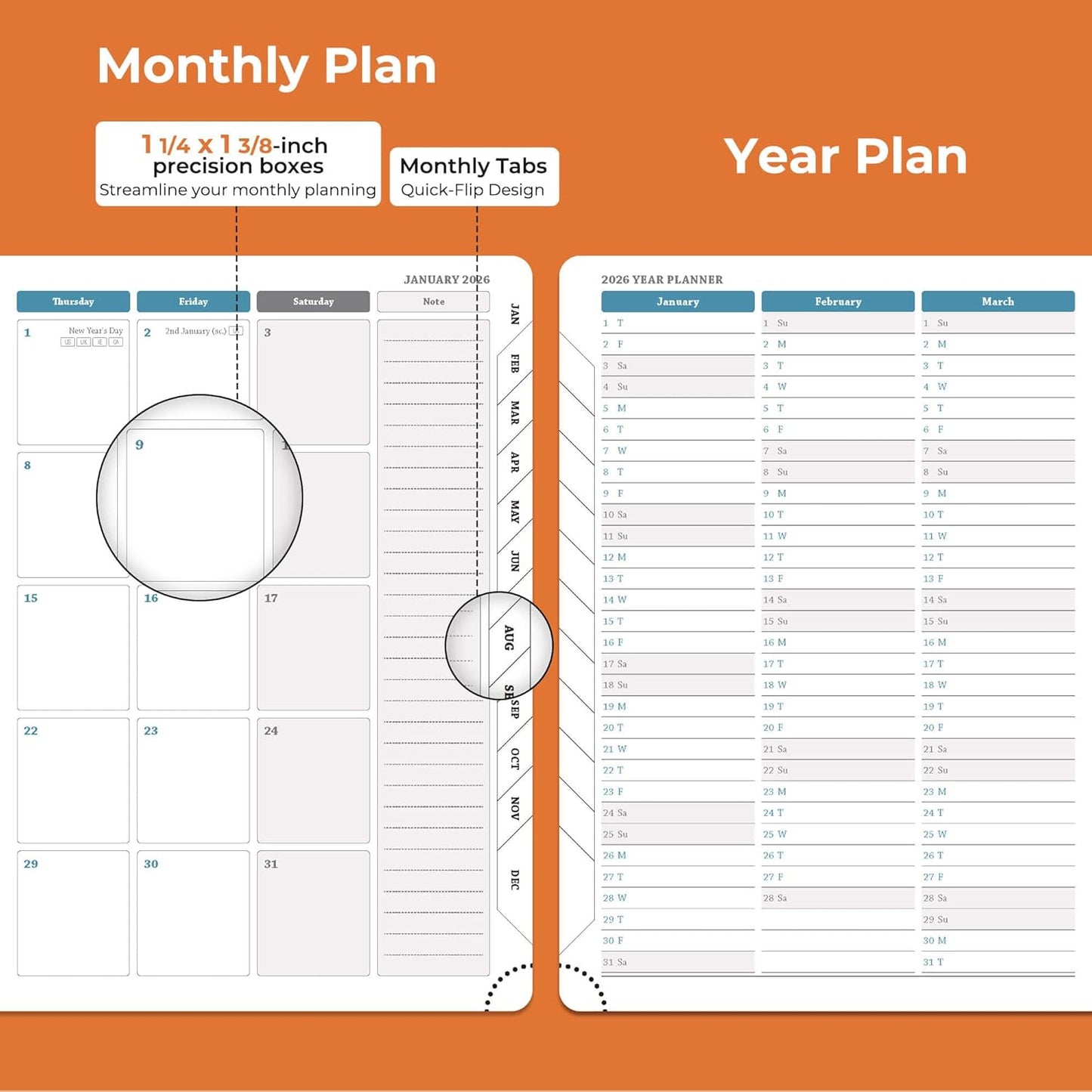 Planner 2026 Daily Weekly and Monthly,8.5"x6.5",12 Months Spiral Bound Calendar Agenda with Self-adhesive Pen Holder,2026 Appointment Book with Vegan Leather Soft Cover,Orange