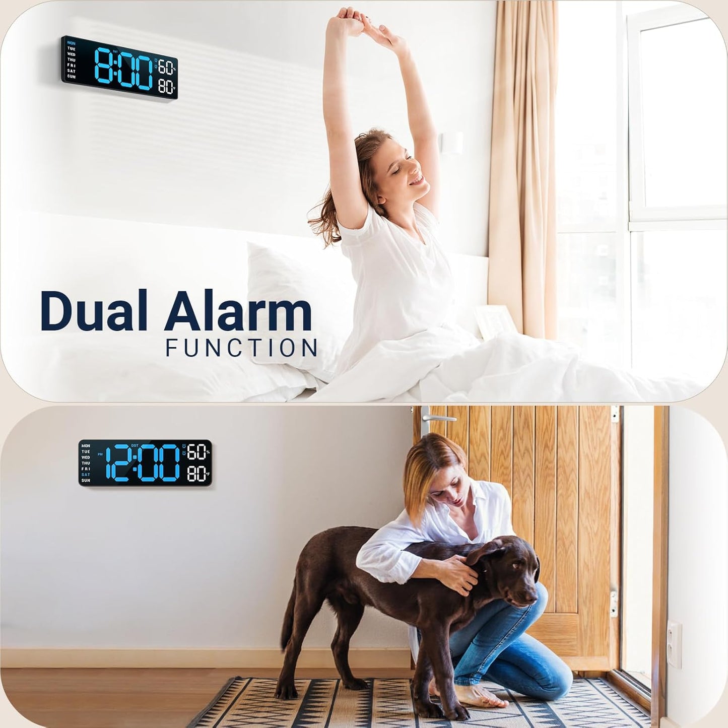 10" Digital Wall Clock: Dual Alarm Wall Mount Decor Clock for Living Room Classroom Office Desk, House Warming Gifts New Home Decor, Gift for Mom Dad Seniors Teen Blue