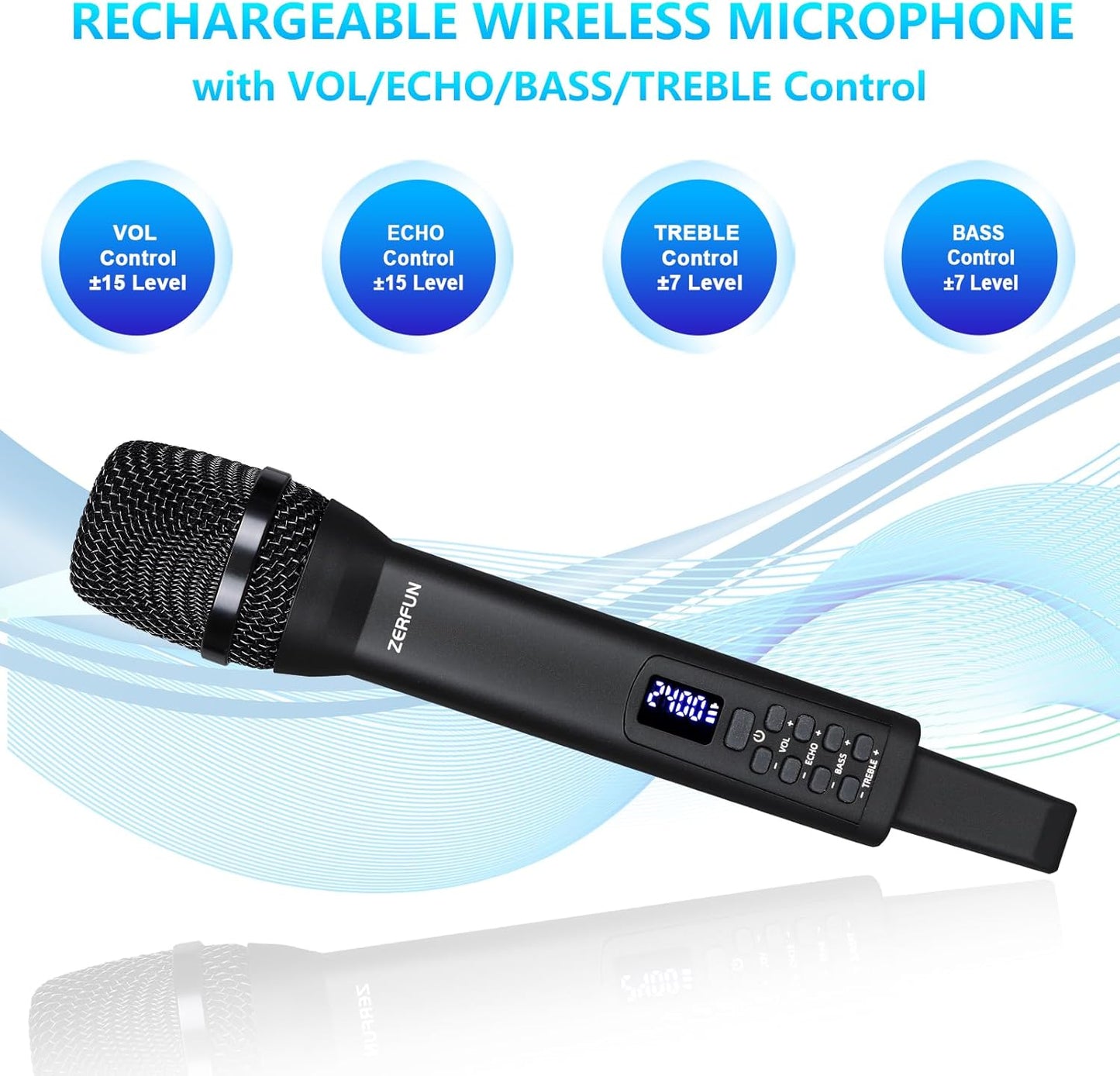 Rechargeable Wireless Microphone, Pro Handheld Cordless Mic System with Echo Treble BASS VOL Control for Karaoke Singing Church Party, 1/4'' Output, Black