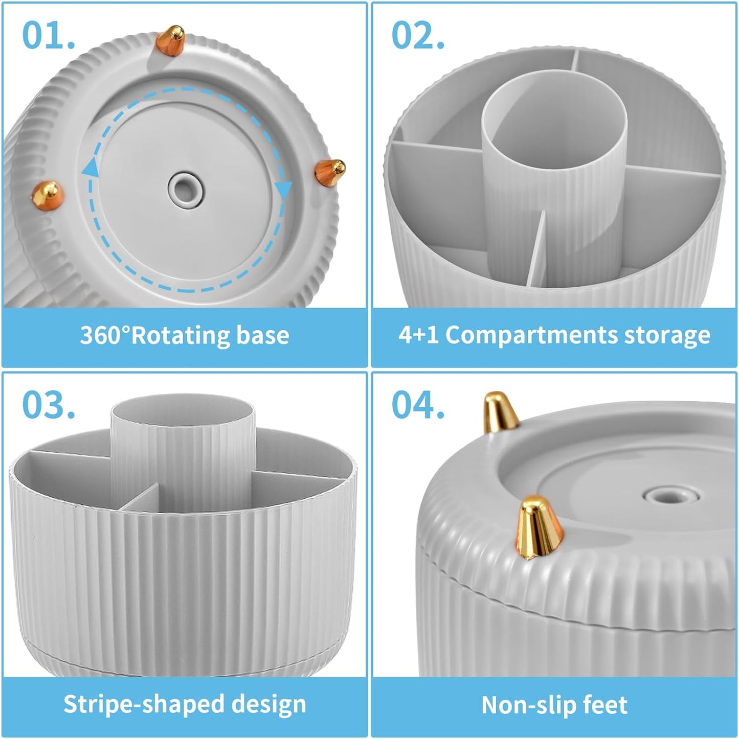 Marbrasse Desk Organizer, 360-Degree Rotating Pen Holder, Desk Organizers and Accessories with 5 Compartments Pencil Holder, Art Supply Storage Box Caddy for Office, Home (Grey)