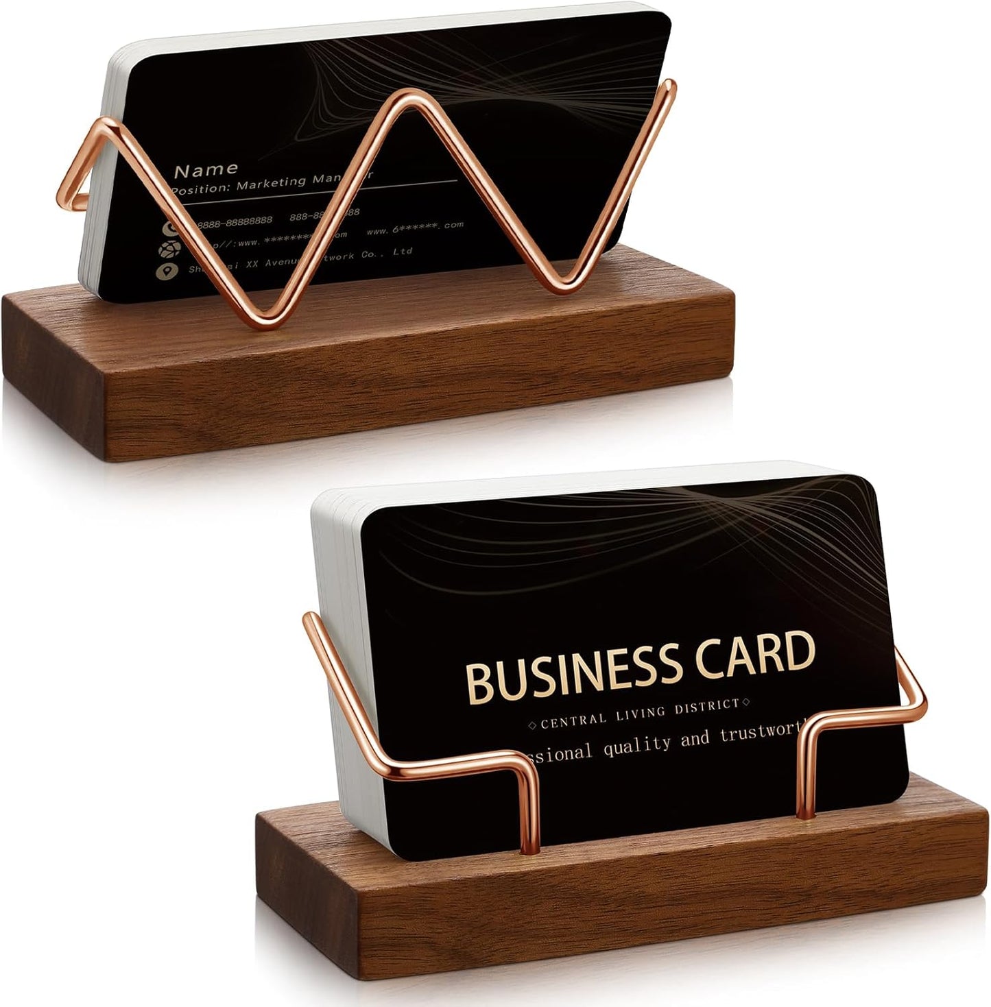 Amyhill 2 Pieces Wood Business Card Holder for Desk Wooden Business Card Display Stand Postcard Holder for Office Home Desktop (Wood Color, Rose Gold)