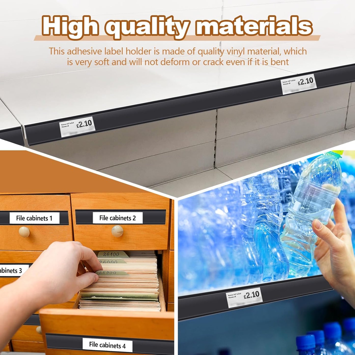 Spiareal 50 Pcs 47.8 x 1.38 Inch Shelf Label Strips Adhesive Back Stick on Data Price Tag Holder Clear PVC Adhesive Ticket Channel for Supermarkets Convenience Shops(Black)