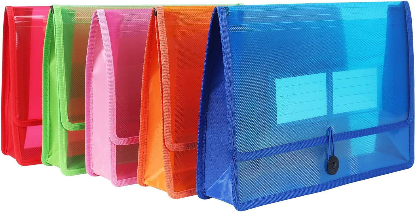 Eco-Friendly Plastic File Folders, Expanding Poly File Wallet, Transparent Expandable Envelope Organizer Document Folder with Elastic Band and Button Closure, with Small Two Pockets, 5 Colors