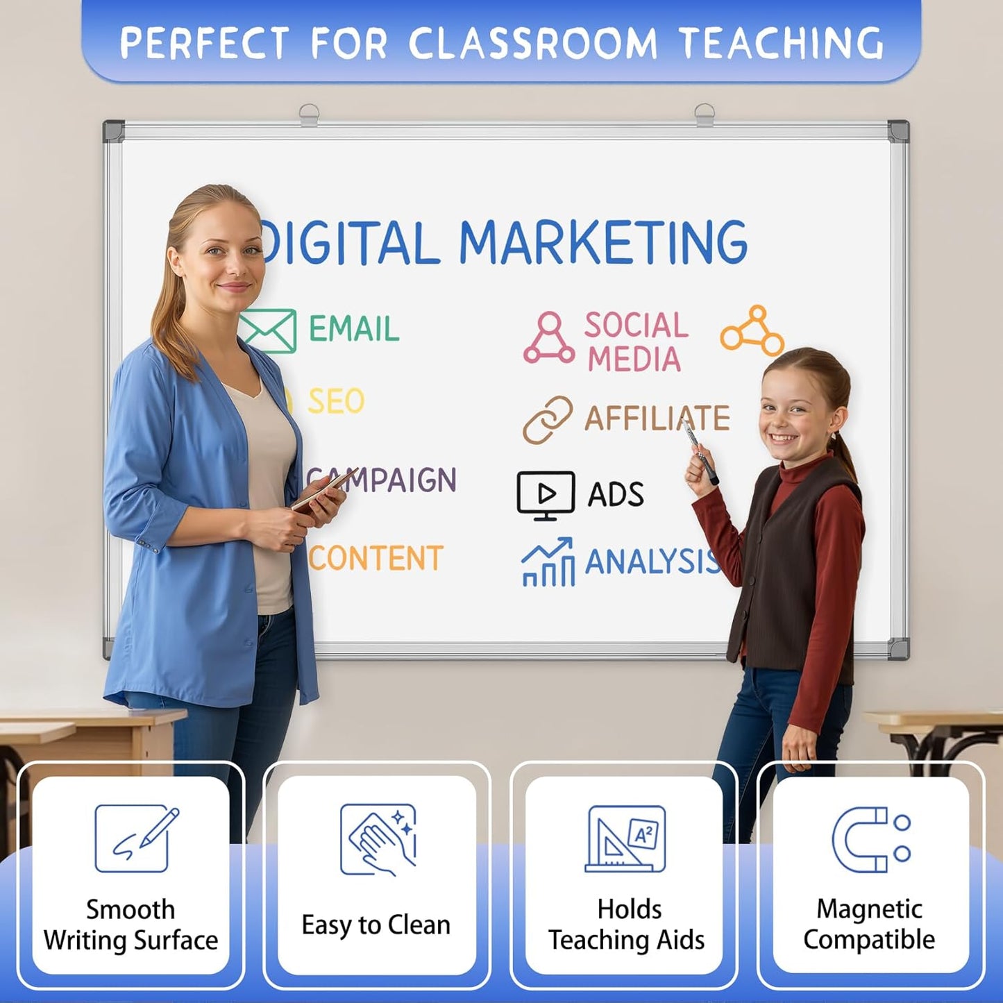 Grtard Large White Board Dry Erase, 36" x 24" Magnetic Dry Erase Boards, Hanging Magnetic Whiteboard with Marker and Magnets, Dry Erase Board for Wall, White Boards Dry Erase for School, Office, Home