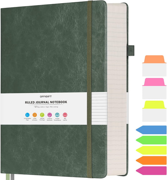 College Ruled Notebook, Large B5 Lined Journal Notebook, 314 Numbered Pages Work Notebook with Index Stickers, 100gsm Thick Paper, Hardcover Vegan Leather Journal for Women Men School Office, Green