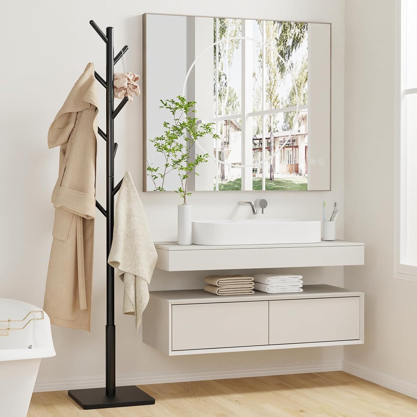 Coat Rack Freestanding with Stable Square Base for Cloathes, Hat, Used in Bedroom, Office and Entryway, Sturdy and Easy Assembly Coat Tree with 3 Adjustable Sizes and 8 Hooks, Black