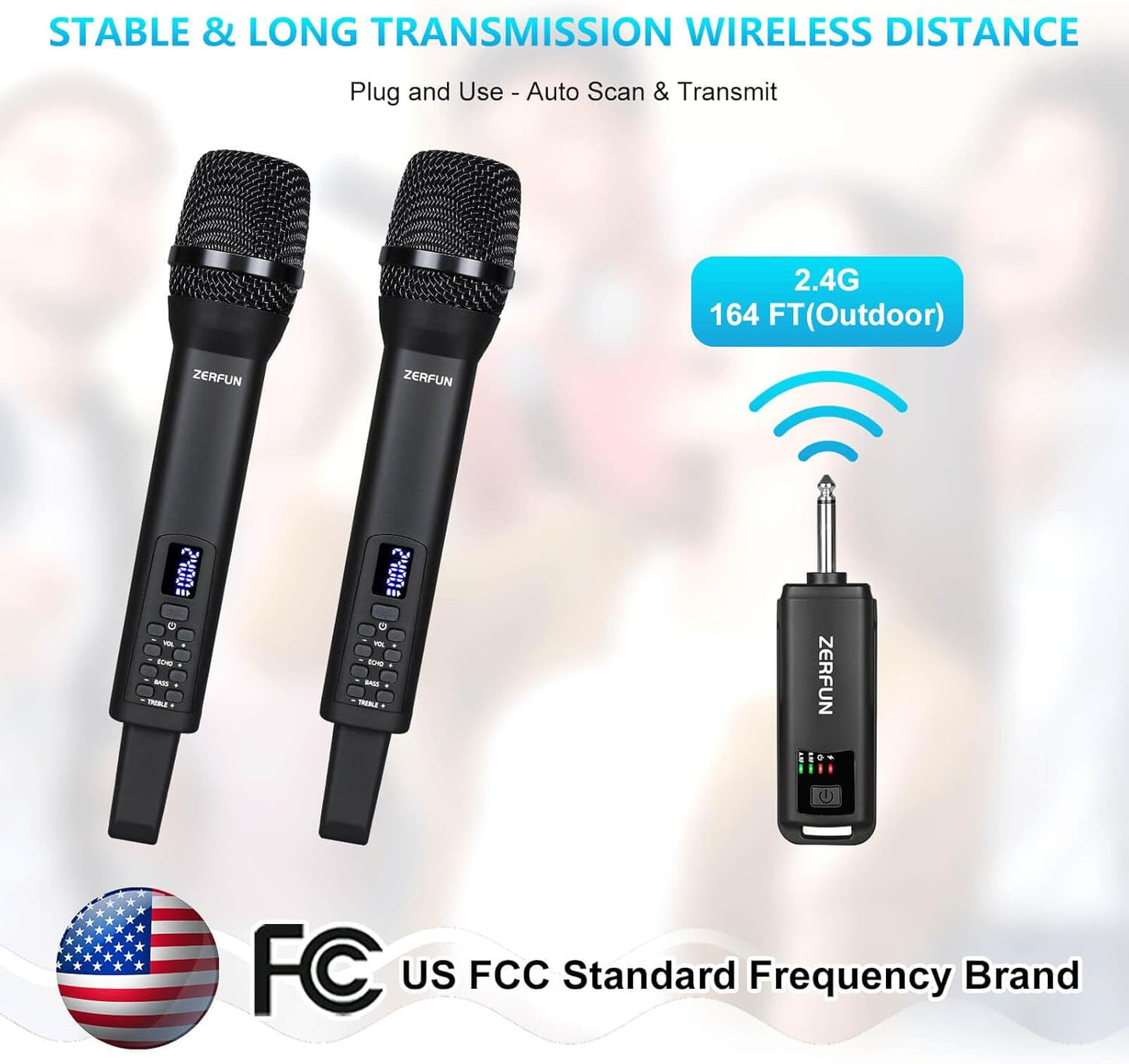 Dual Rechargeable Wireless Microphones, Pro Handheld Cordless Mics System with Echo Treble BASS VOL Control for Karaoke Singing Church Party, 1/4'' Output, Black