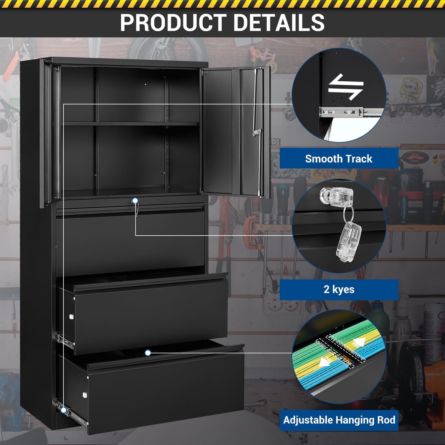 3 Drawers Lateral File Cabinet with Lockable Drawer and Door- Large Steel Filing Cabinet for Home Office Hanging Files Letter/Legal/F4/A4 Size