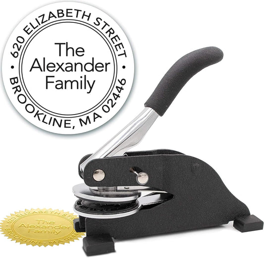 Custom Monogram Address Desk Embosser - Personalized Round Seal with 50 Gold Seal Labels - Style EMD-029