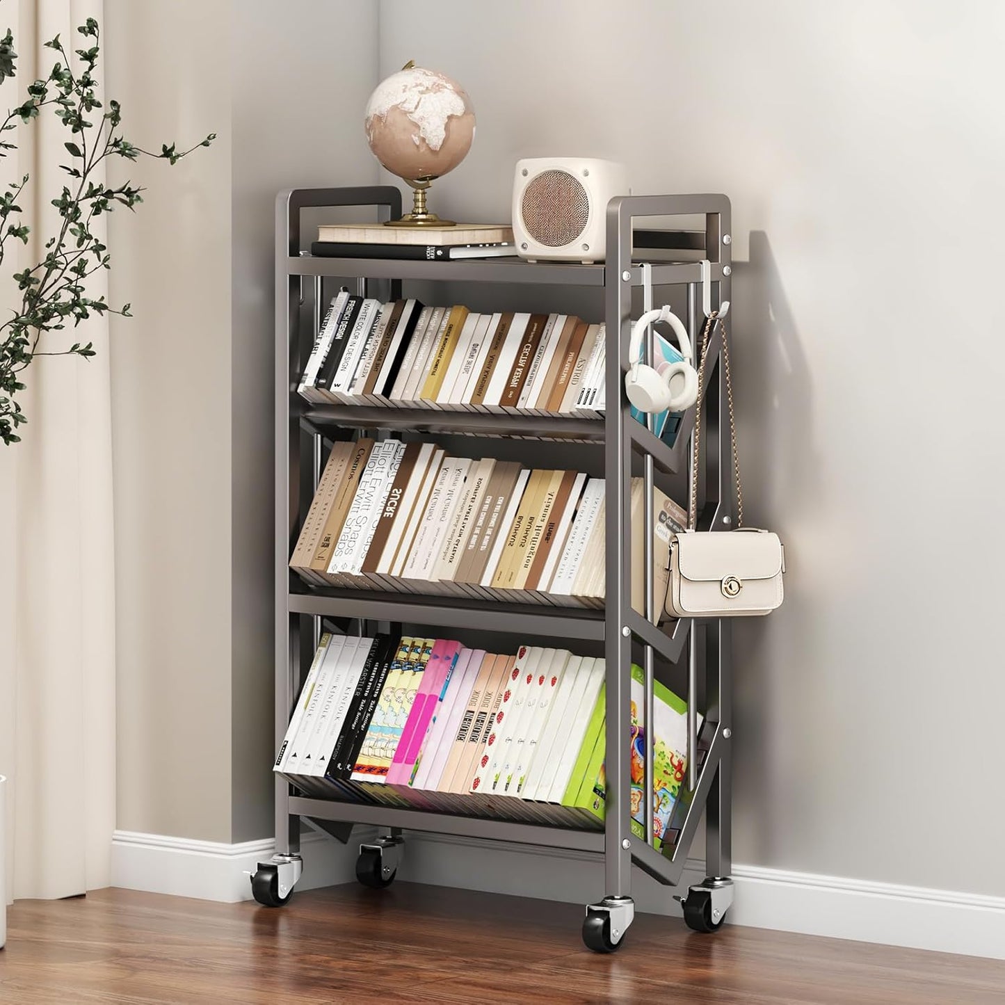 Bookshelf Movable Book Cart Multi-Layer Storage Rack Large-Capacity Rolling Cart L-Shaped Carbon Steel Shelf Suitable for Storing Books, Magazines, Newspapers, Shoes
