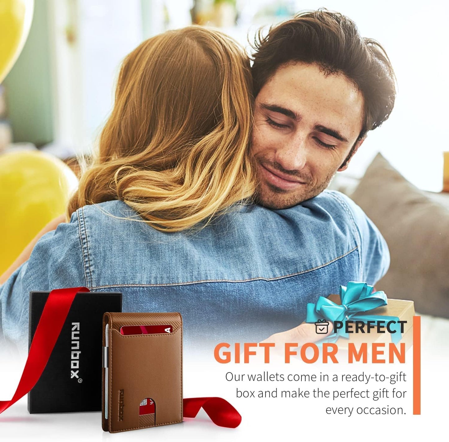 RUNBOX Slim Wallets for Men - Leather Money Clip Mens Wallet - RFID Blocking Front Pocket Bifold Wallet - Thin Credit Card Holder with Gift Box