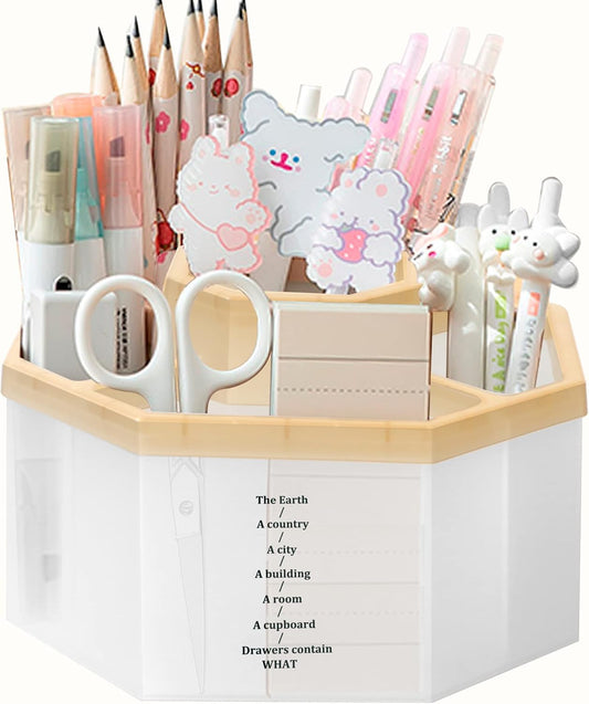 Desk Organizer, 360-Degree Rotating Multi-Functional Pen Holder, 5 Compartments Desktop Stationary Organizer, Home Office Art Supply Storage Box Caddy