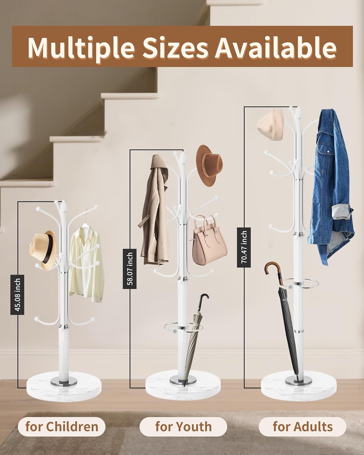 EZIVIEZ Modern Coat Rack Stand, Metal Freestanding Coat Rack with Natural Marble Base, Heavy-Duty Coat Racks with Umbrella Holder,White Coat Hanger Stand with 12 Hooks for Office, Entryway, Hallway