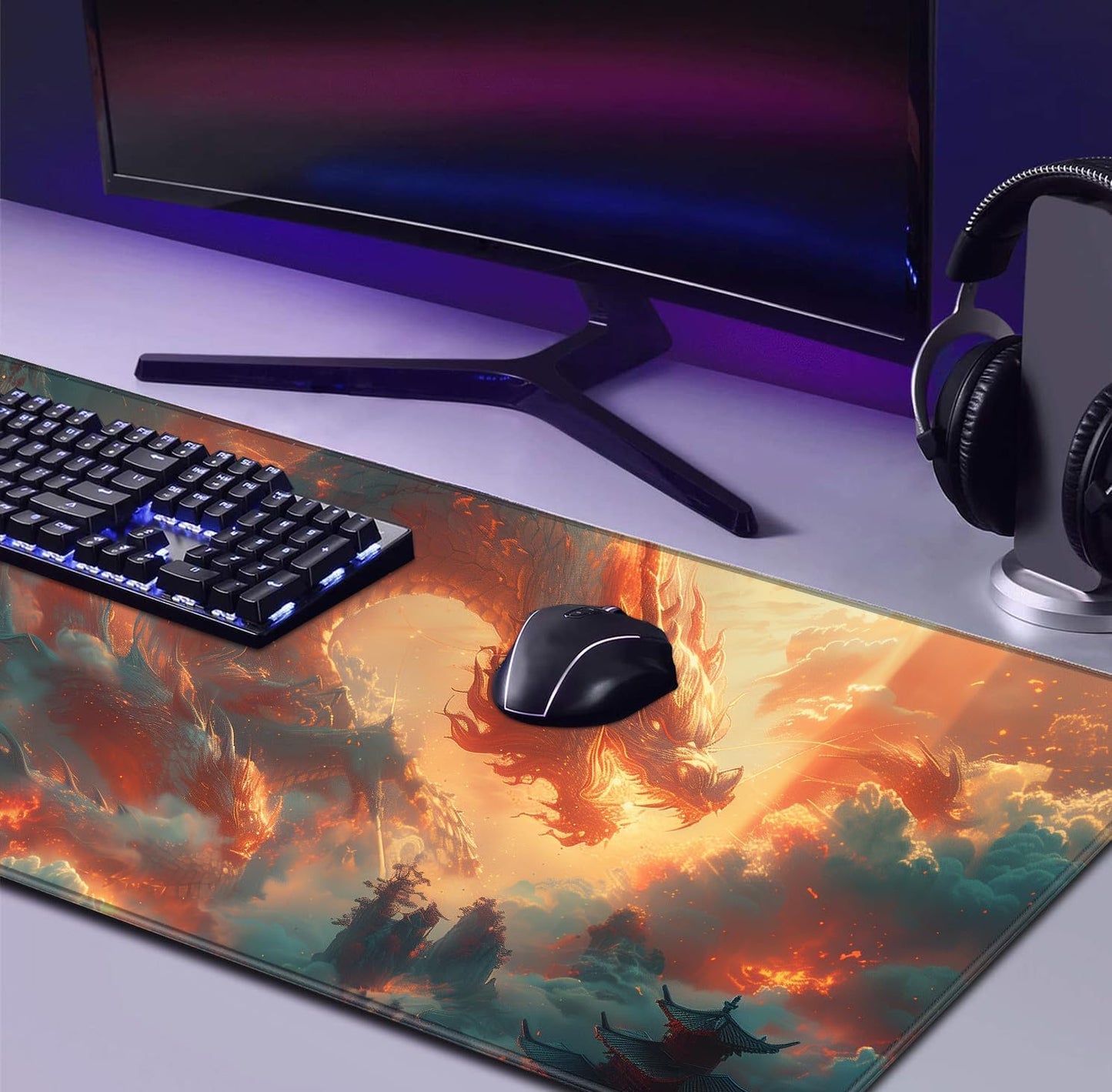 Super Sized Anime Dragon Mouse Pad, Office Cloud Dragon Teng Game Keyboard Pad, Extended Anti Slip Stitching Edge Computer Mouse Pad 35.4 x 15.7 Inches