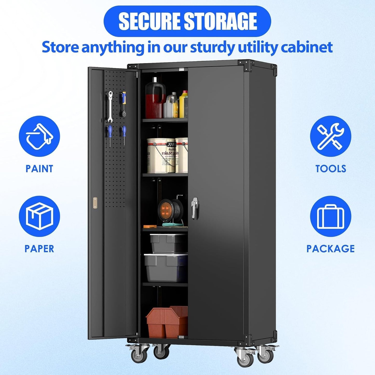 Aobabo Black Metal Garage Cabinet with Pegboard,72In Lockable Storage Cabinets with 2 Doors&4 Adjustable Shelves, Steel Cabinets for Garage&Home Storage,Easy-Assembly