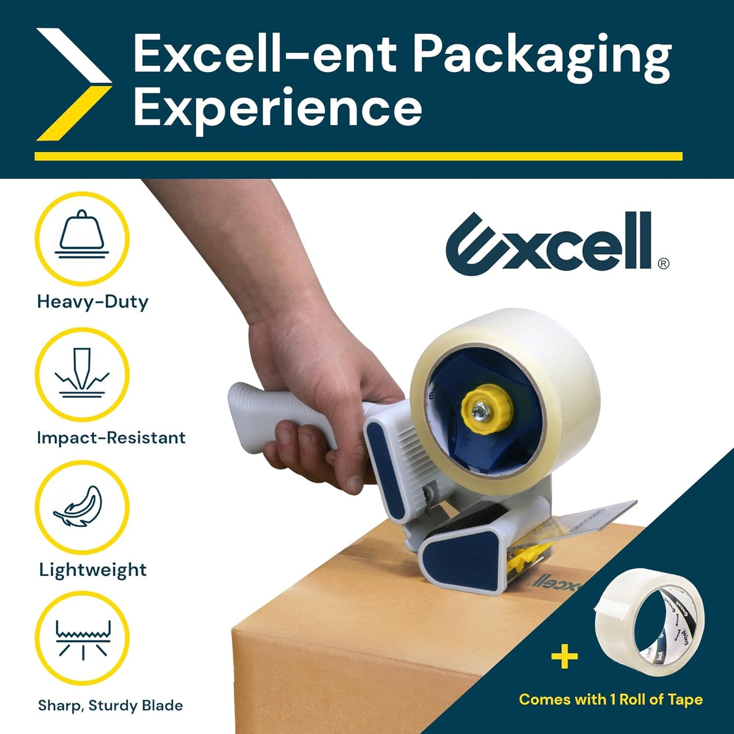 Excell Safeguard Packing Tape Dispenser with 1 Roll Transparent Tape, 2 Inch Wide Tape Gun with Pushflap Technology for Effortless Packaging, Box & Carton Sealing