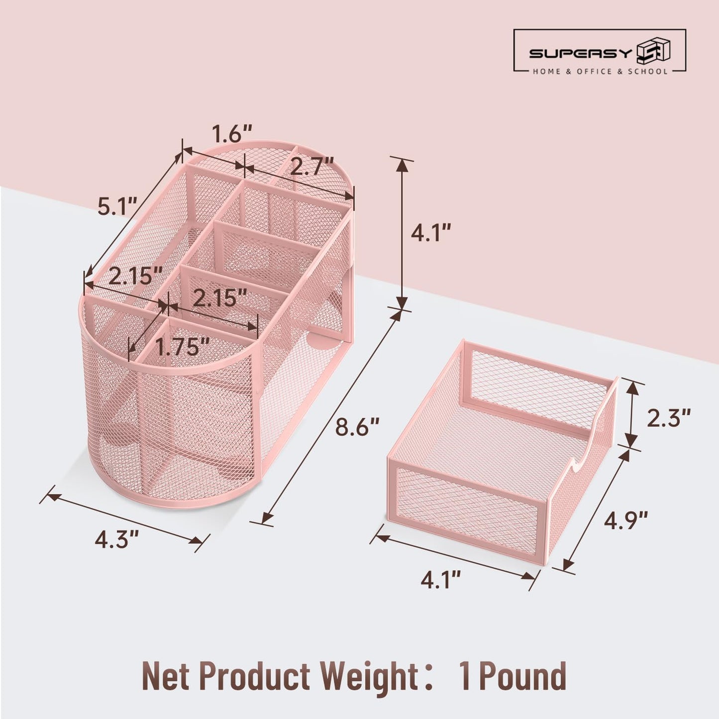 SUPEASY Mesh Desk Organizer, Desk Accessories & Workspace Organizers with Drawers, Pencil Holder for Desk with 9 Compartments for Office Suppliess, 8.6 x 4.3 x 4.1 Inch, Pink