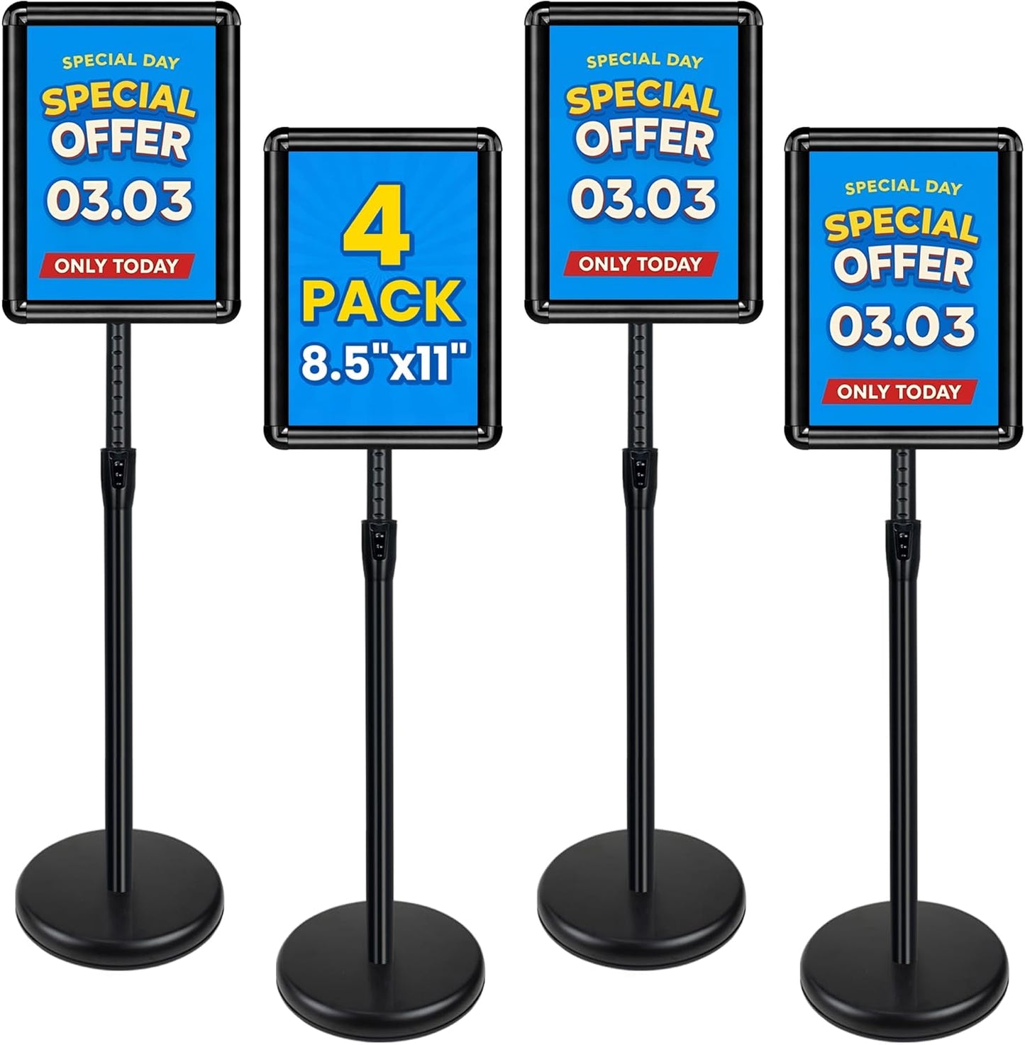 4 Pack Sign Stand for Display - Adjustable 8.5x11 Inch Floor Standing Sign Holder, Pedestal Poster Stand for Vertical&Horizontal View, Indoor&Outdoor Use for Business, Mall, Restaurant - Black