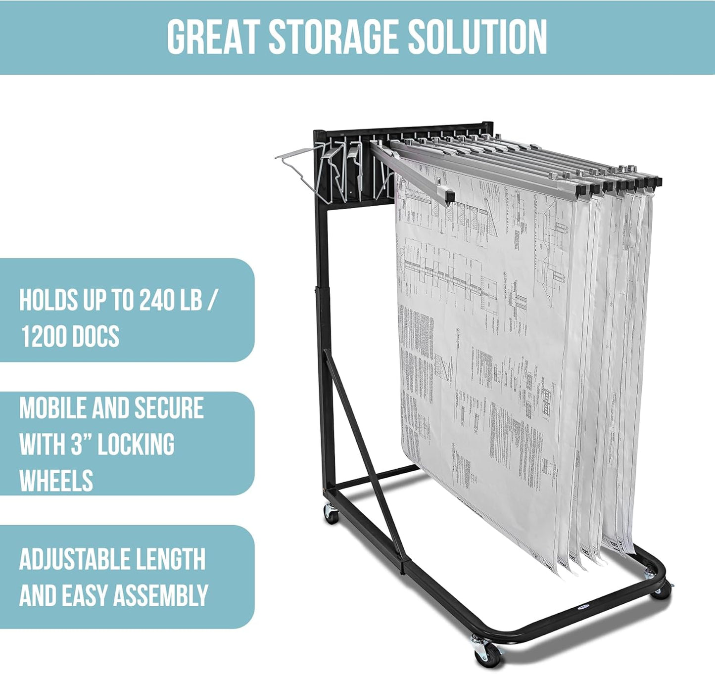 Adir Blueprint Rack and Clamps - 12 Pack of Blueprint Clamp and Mobile Blueprint Rack, Heavy-Duty Large Document Storage Solution for Blueprints, Posters, Maps, & Construction Plans