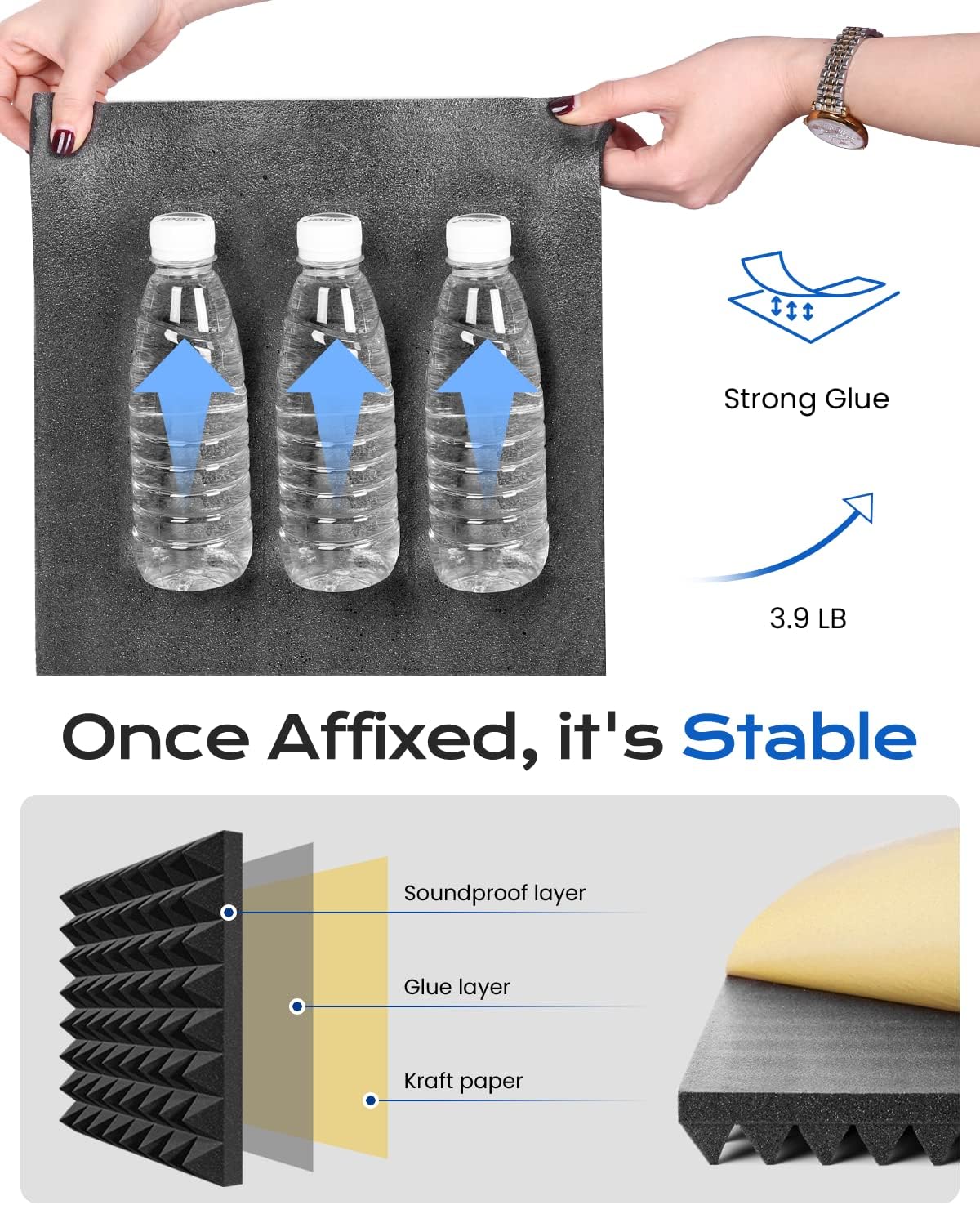 Sonicism Sound Proof Foam Panels for Walls Upgrade Self-Adhesive 8 Pack Pyramid 3"X12"X12" Acoustic Panels 35kg/m³High Density,Soundproof Wall Panels Fast Expand,Sound Absorption and Decoration,Black