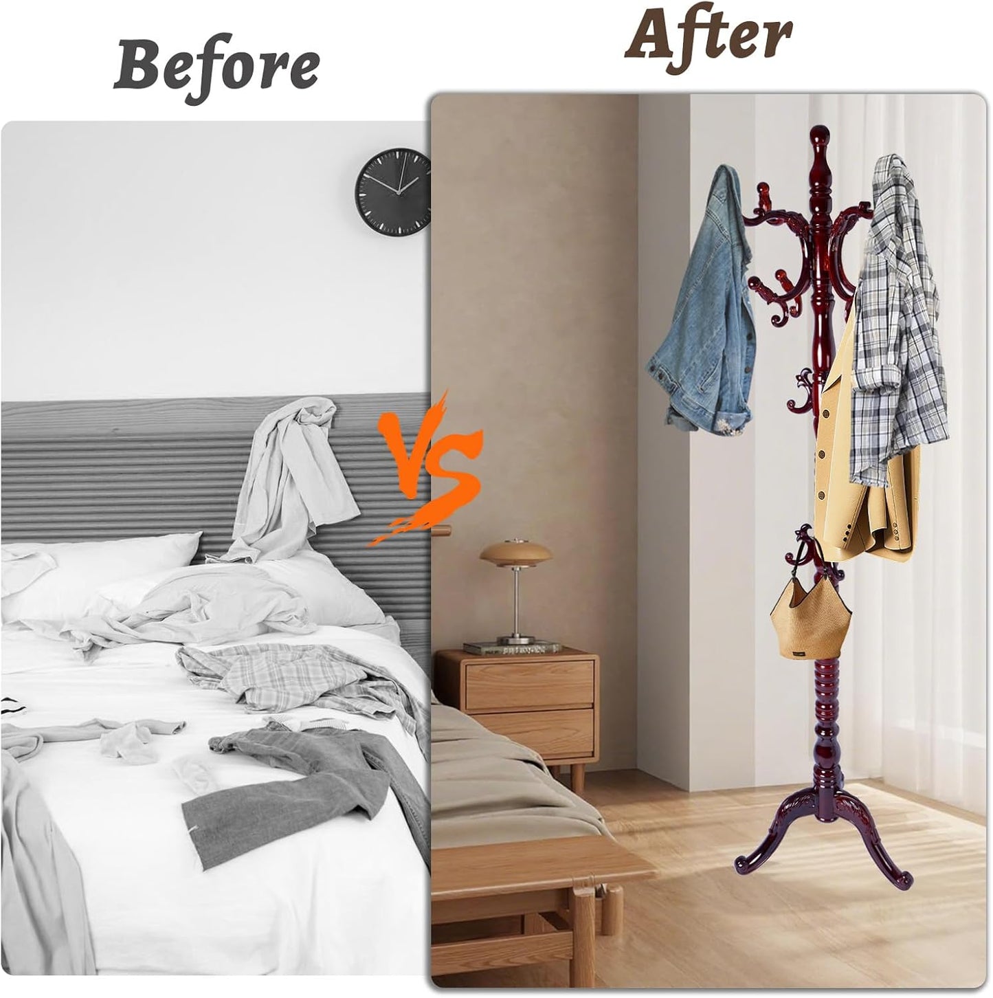 Wooden Coat Rack Freestanding with Resin Hooks, Adjustable Heavy Duty Stand for Hanging Coats, Bags, Hats, and Umbrellas in Living Room, Bedroom, Entryway (Tripod-Rosewood color)