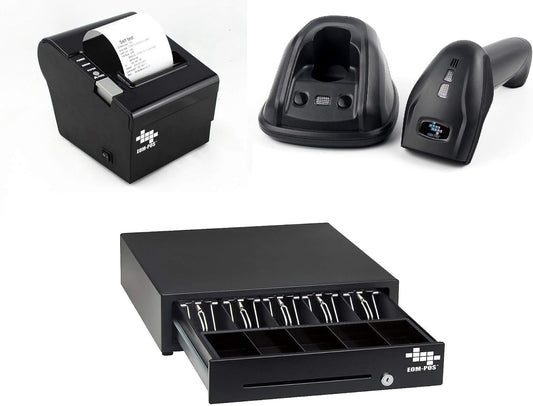 Heavy Duty Cash Register Drawer + Thermal Receipt Printer (80mm) + Barcode Scanner (Cordless) [Black] NOT for Square