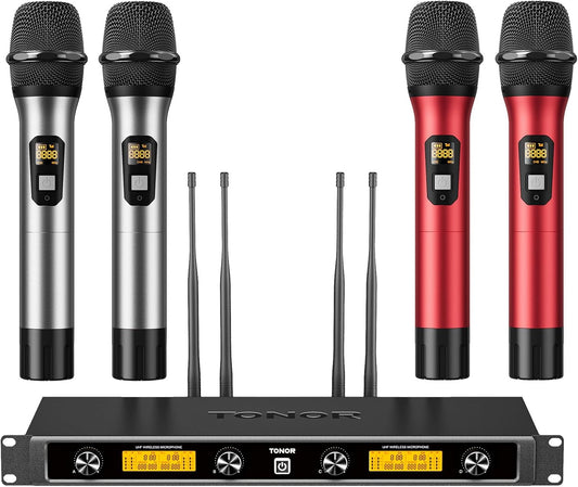 TONOR Wireless Microphones System with 4x10 Channels Dynamic Handheld Mics 4 Antennas for 295FT Long Distance Mic with Adjustable Frequencies Auto Connect for Singing Party Church Karaoke, Silver&Red