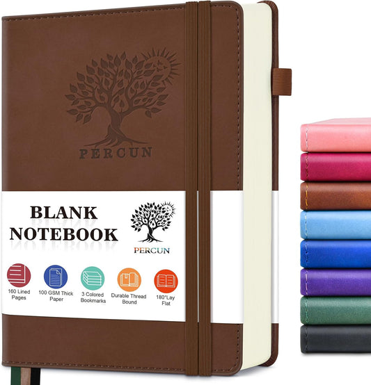 PERCUN Blank Journal Ntebook for Men & Women, 160 Pages Blank Journals for Writing, Drawing,Sketch Book,5.9" x 8.5" Leather Sketchbook, Unlined Notebook for Work, School, Art - Brown