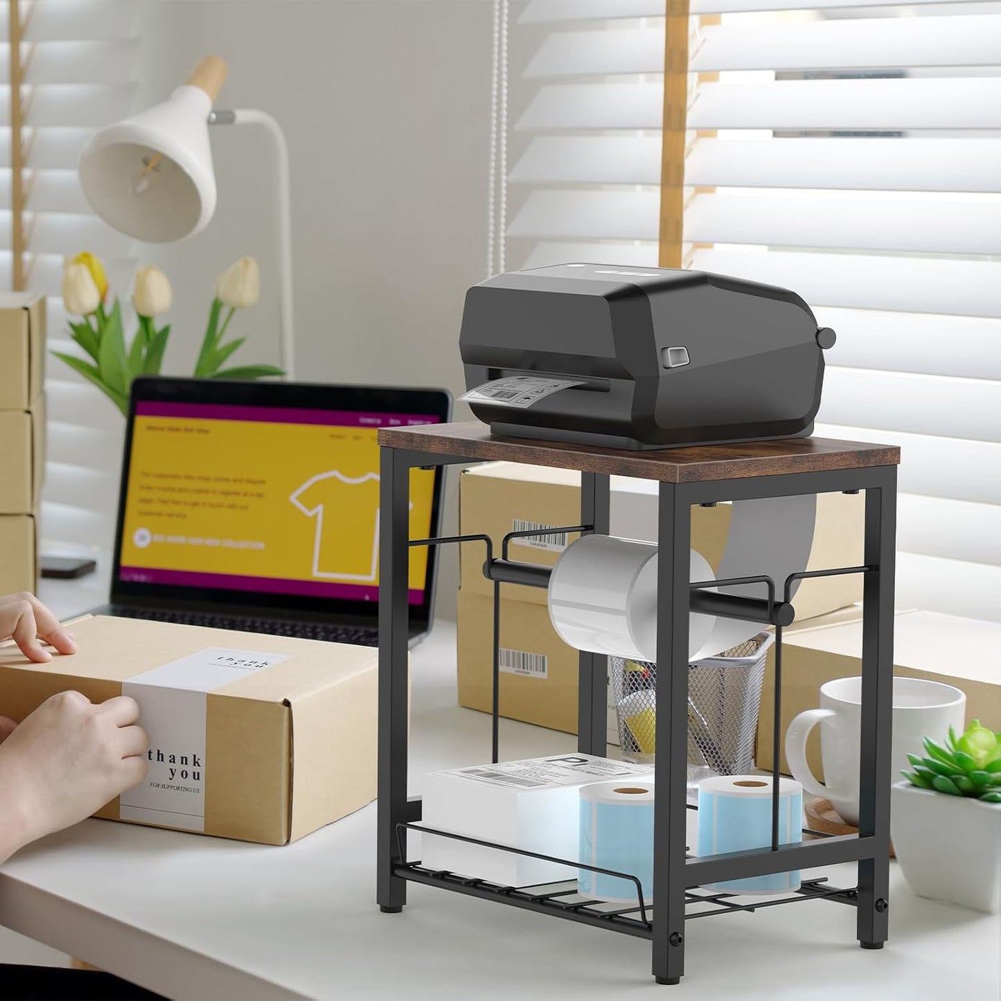 NANANARDOSO Label Holder for Thermal Printer with Basket,Wooden Label Holder for Shipping Label Printer,Sticker Roll Holder for Home, Office Small Business,Brown