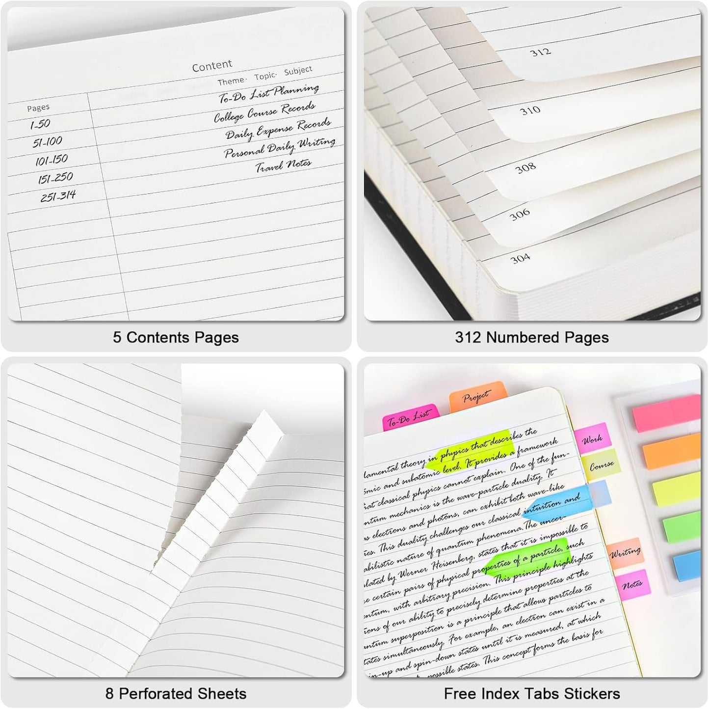 College Ruled Notebook, Large B5 Lined Journal Notebook, 314 Numbered Pages Work Notebook with Index Stickers, 100gsm Paper, Hardcover Vegan Leather Journal for Women Men School Office, Grey Blue