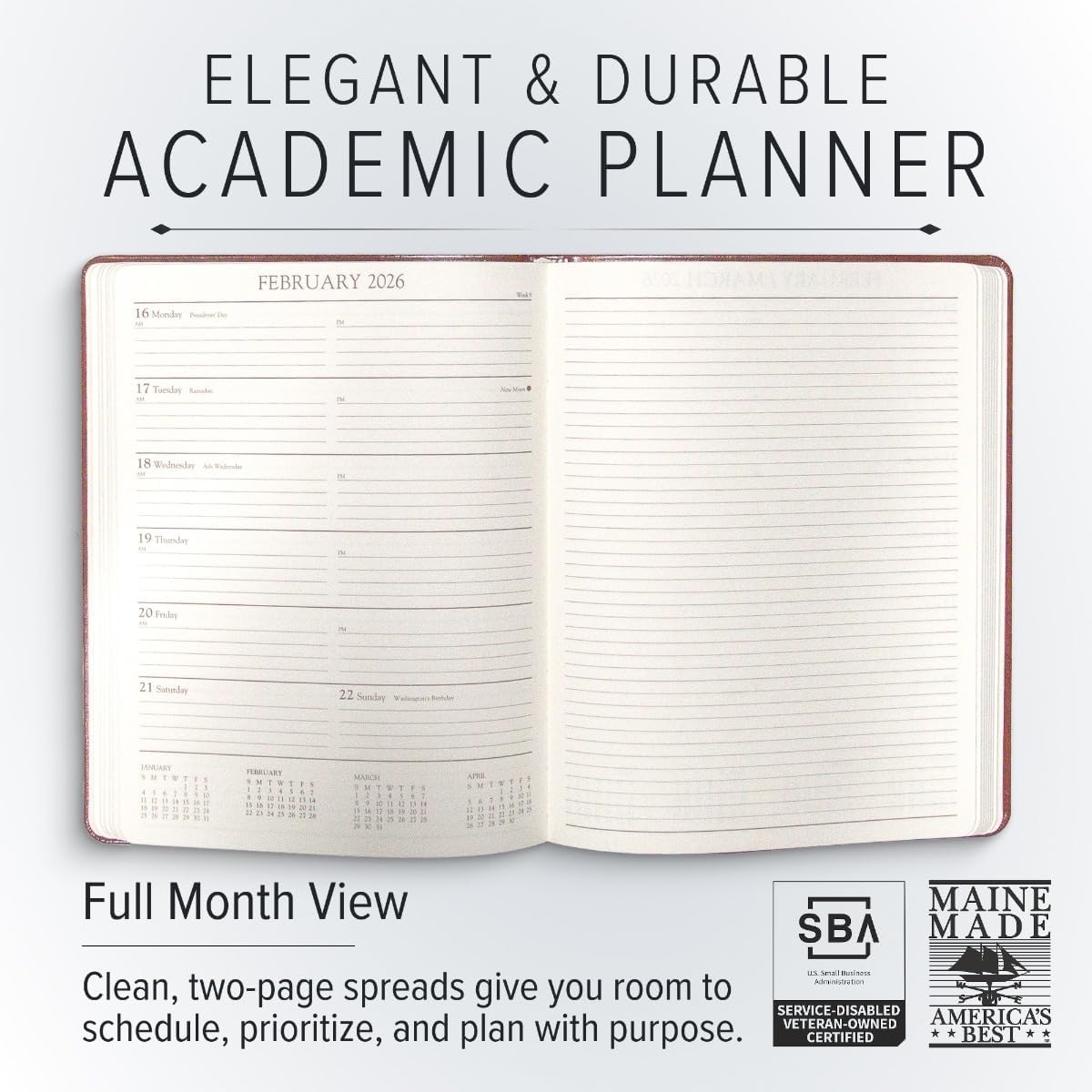 Gallery Leather Academic Planner 2025-2026, Teacher and Student Weekly Monthly Planner, Elegantly Bound Calendar with Gold-Gilded Page Edges, 18 Months - Freeport Metallic Copper - 9x7"