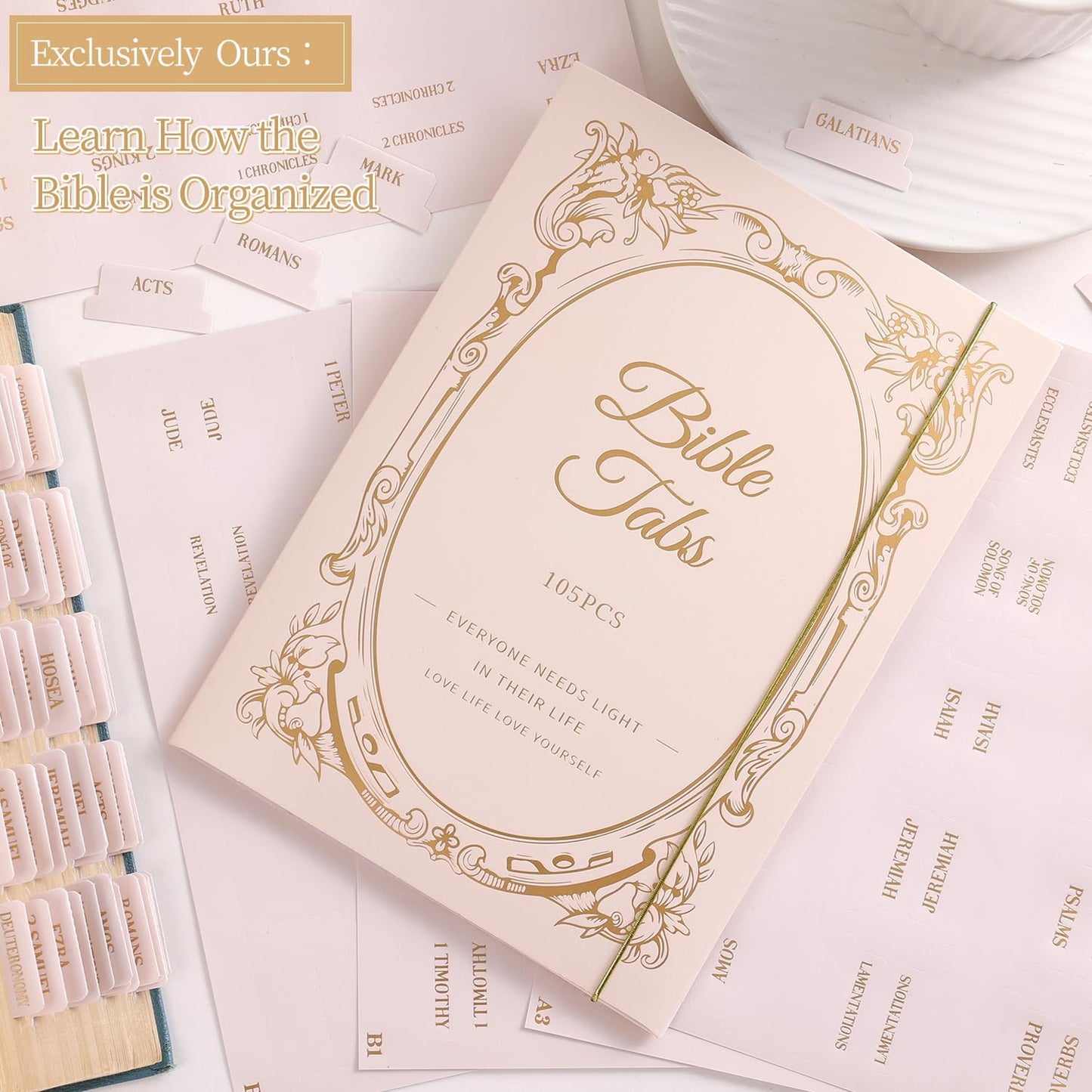 Laminated Bible Tabs, Gold Foil Embossed Lettering Bible Chapter Index Tabs for Women Men, Reposition Large Print Sticky Labels, Easy to Read and Apply, 105Chapters Labels for Easy Navigation (Creamy)