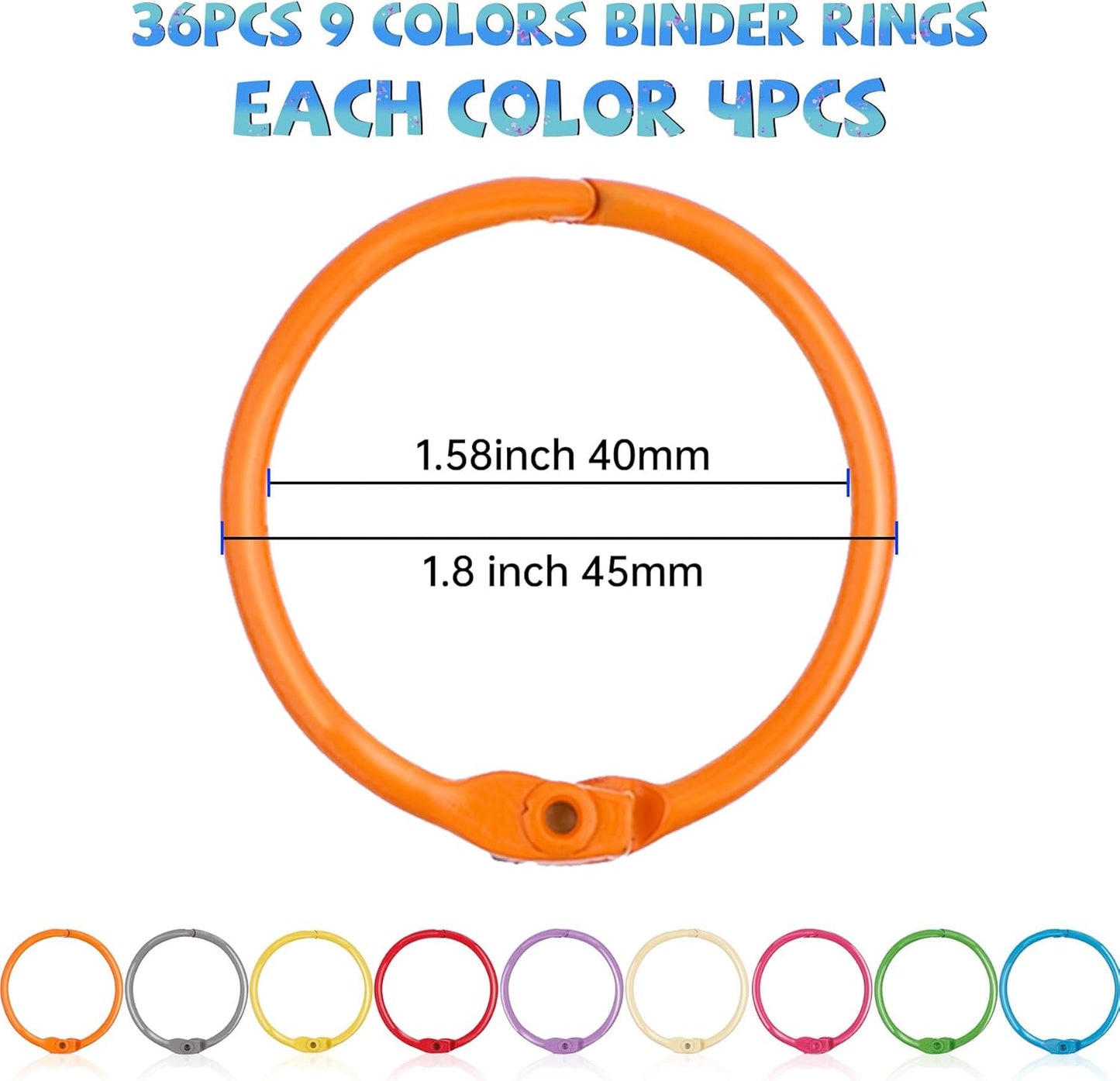 1.8 Inch (36 Pack) Metallic Loose Leaf Binder Rings 45mm Colorful Metal Steel Book Rings Keychain Key Rings Notebook Paper Rings for Index Cards Flash Cards for School Office Home, 9 Colors