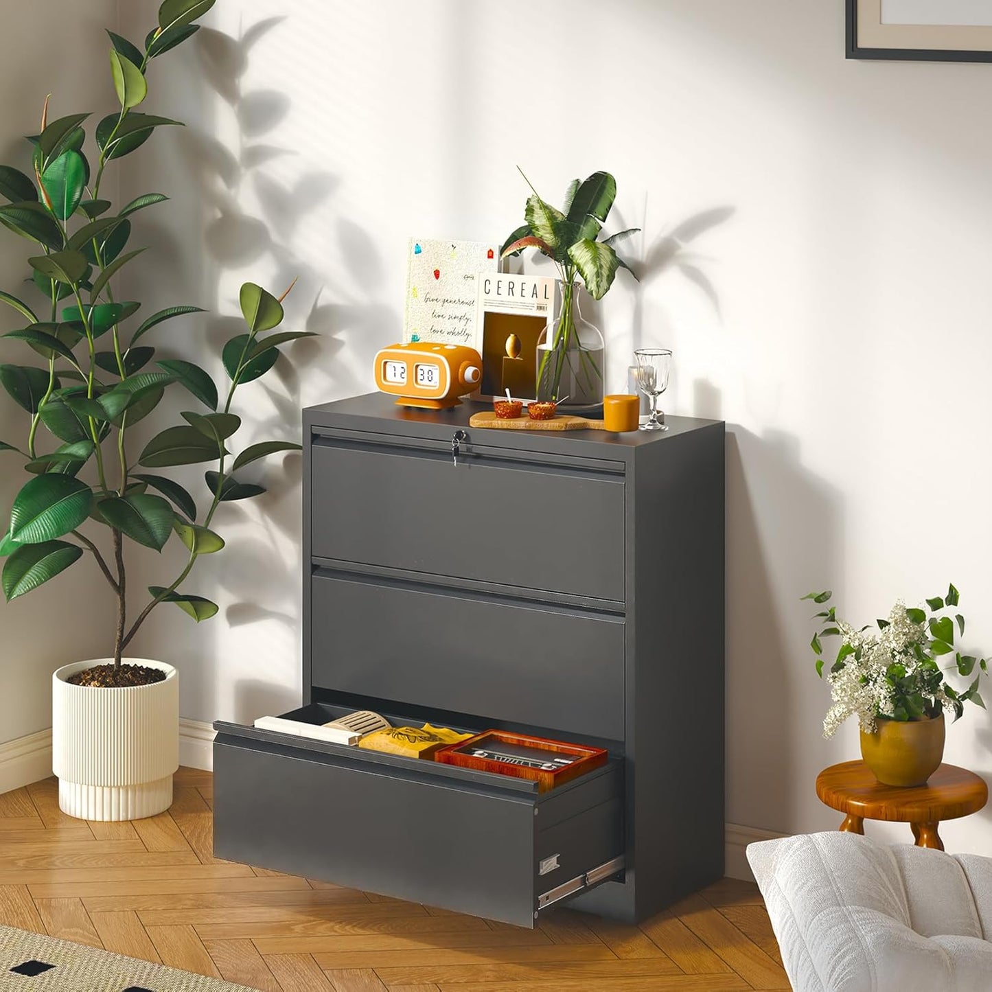 3 Drawer Lateral File Cabinet with Lock, Metal Lateral Filing Cabinet for Home Office, Steel Wide Horizontal Filing Cabinets for Letter/Legal/A4/F4 Hanging Files (Black)