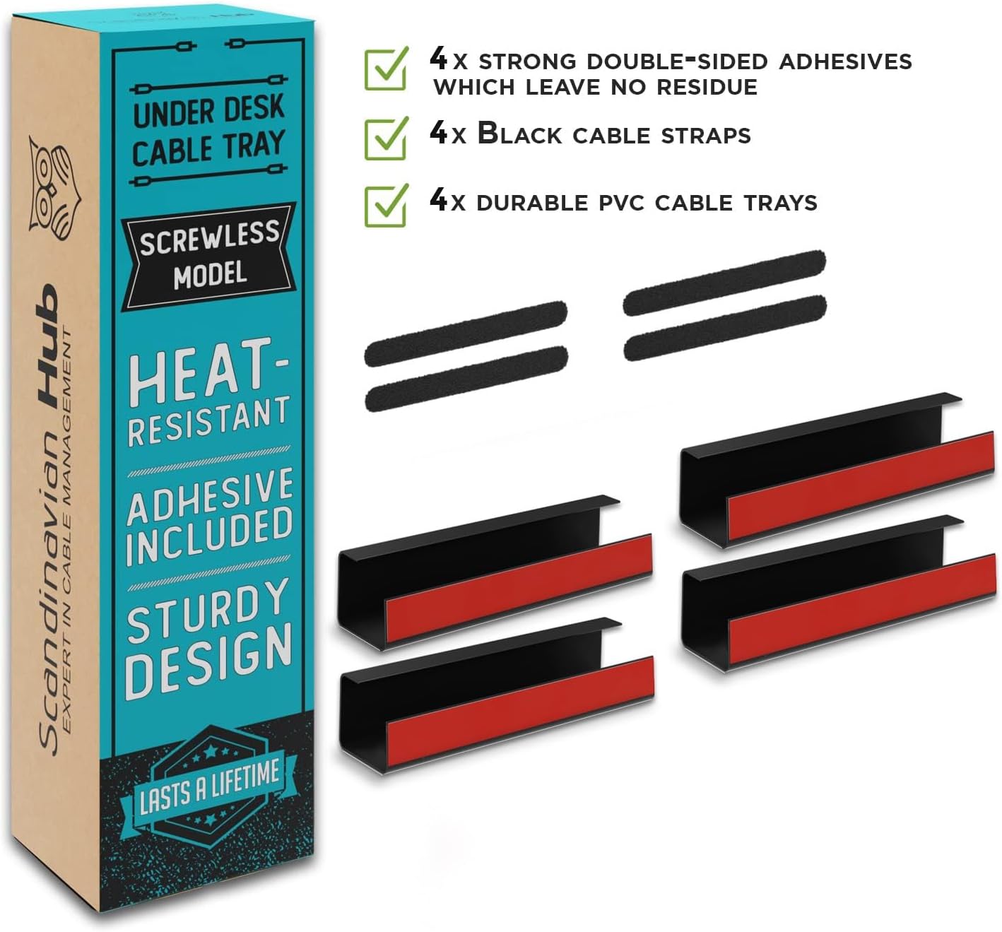 No-Screw Under Desk Cable Management Tray - Self-Adhesive Installation, Cord Management, Cable Tray, Under Desk Wire Organizer - Black Set of 4